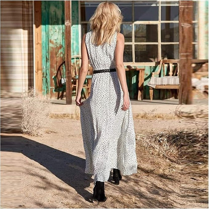 Women’s Polka Dot Maxi Dress – Boho Chic Flowing Draped Silhouette Elegant Dress