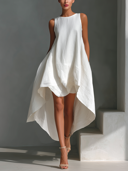 Women’s Linen Midi Dress – Sleeveless Round Neck Asymmetric Hem Elegant Dress