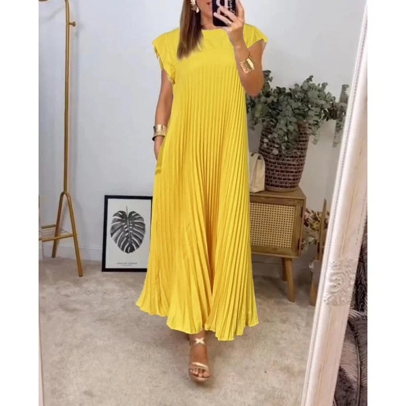 Women's Pleated Maxi Dress with Flowing Design and Versatile Style