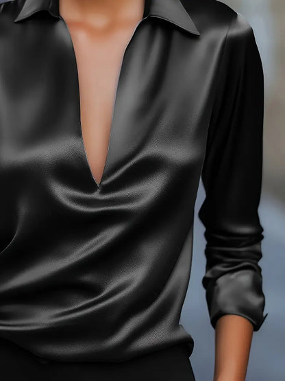 Women's V-Neck Blouse with Satin Finish and Elegant Design