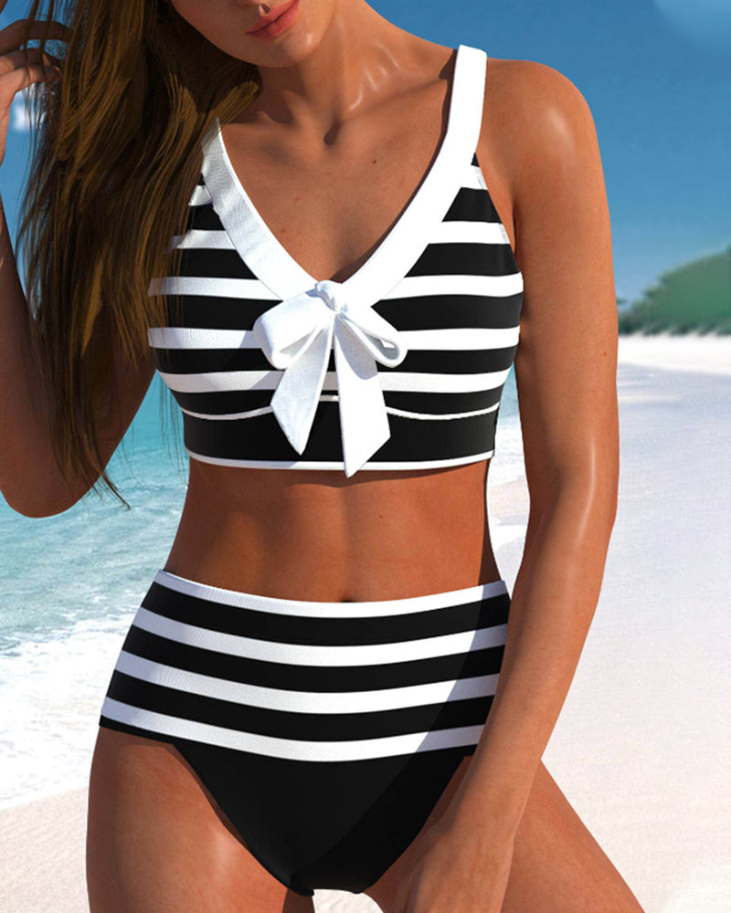Women's Striped Bikini Set with High Waist and Adjustable Straps
