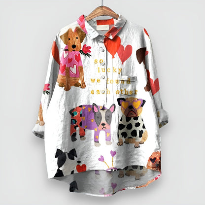 Women's Casual Shirt with Dog Print and Short Sleeves