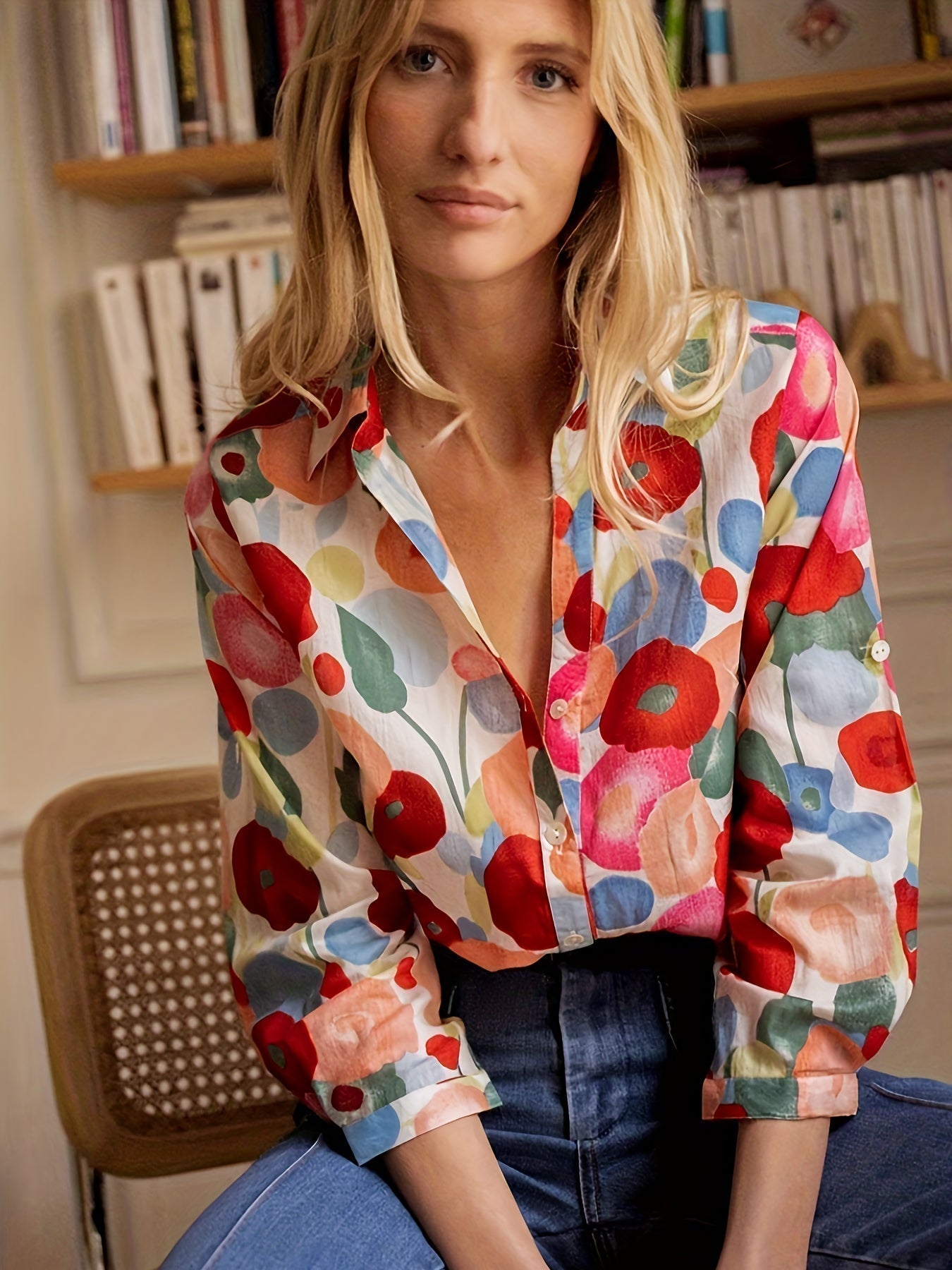 Women's Button-Down Long Sleeve Blouse with Floral Print and Versatile Style