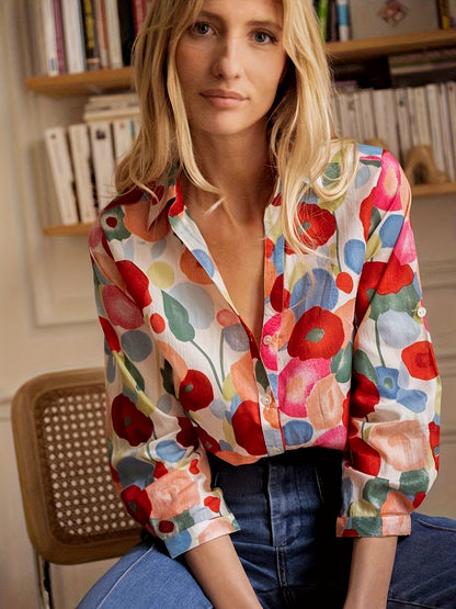 Women's Button-Down Long Sleeve Blouse with Floral Print and Versatile Style