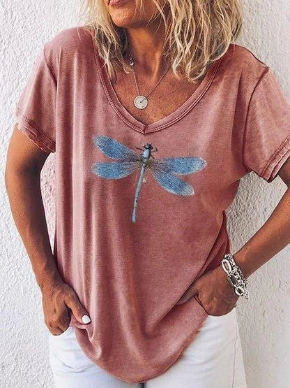 Women's Casual V-Neck Tee with Dragonfly Print and Short Sleeves