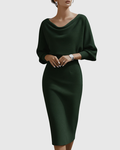 Women's Midi Dress with Cowl Neck and Batwing Sleeves