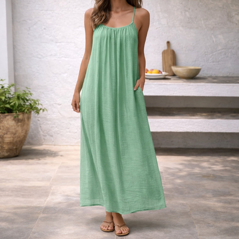 Effortlessly Spaghetti Strap Linen Gathered Neckline Pockets Breathable Maxi Dress