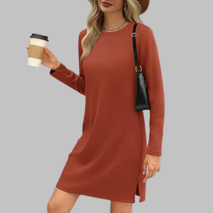 Women's Long Sleeve Round Neck Dress with Relaxed Fit and Versatile Style