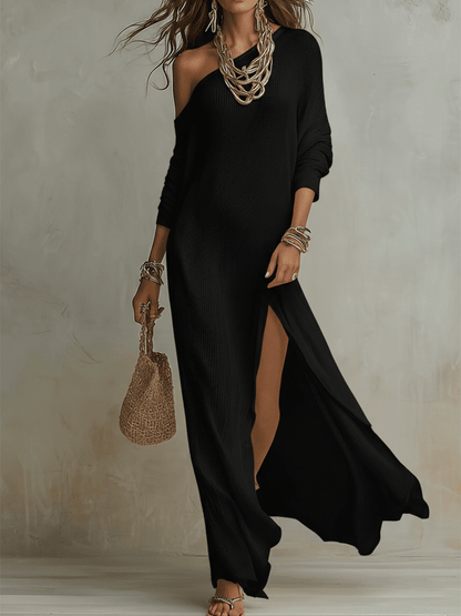 Women’s Ivory Knit Maxi Dress – Luxurious Off Shoulder Textured Drape Silhouette Dress