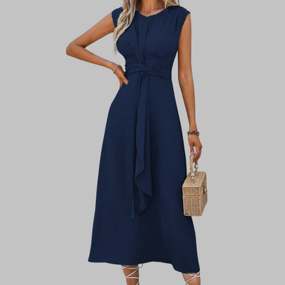Women’s Crepe Midi Dress – Sophisticated Sleeveless Round Neck Tie Waist Belted Dress
