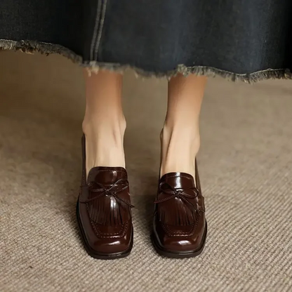 Women's Tassel Loafer Pumps with Block Heel and Round Toe
