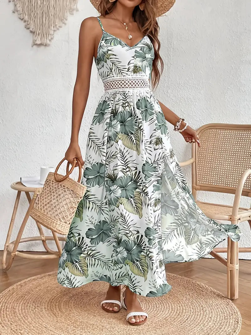 Women's Floral Midi Dress with Short Sleeves and A-Line Silhouette
