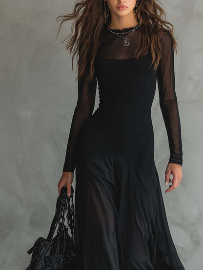 Enchanting Vintage Inspired Featherweight Fabric Delicate Sheer Sleeves Maxi Dress