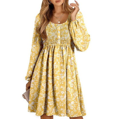Autumn Smocked Empire Waist Long Sleeve Flowing Skirt Dress