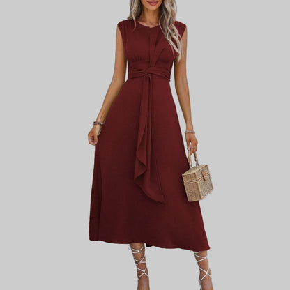 Women’s Crepe Midi Dress – Sophisticated Sleeveless Round Neck Tie Waist Belted Dress