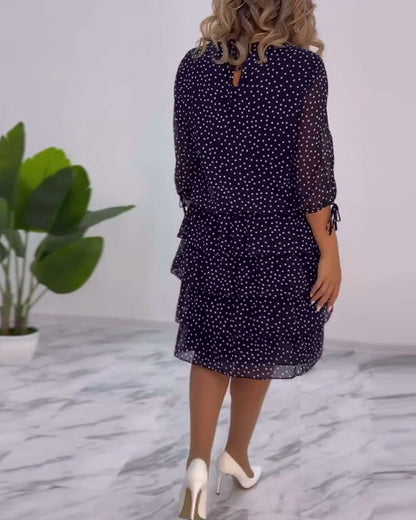 Women’s Polka Dot Chiffon Midi Dress – Navy White Tiered Elegant Three-Quarter Sleeve Dress