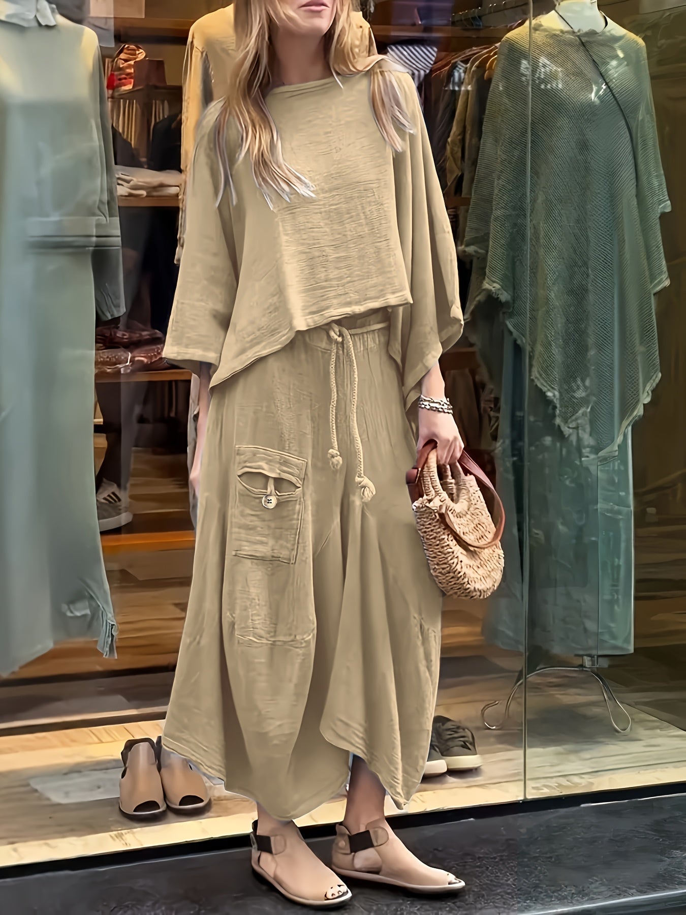 Premium Fashion Solid Color Top and Skirt Set – Casual Round Neck Two-Piece Outfit