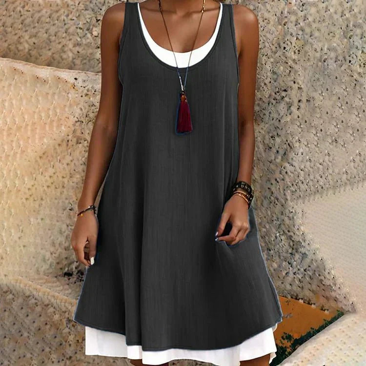 Women's Layered Mini Dress with Sleeveless Design and Scoop Neck