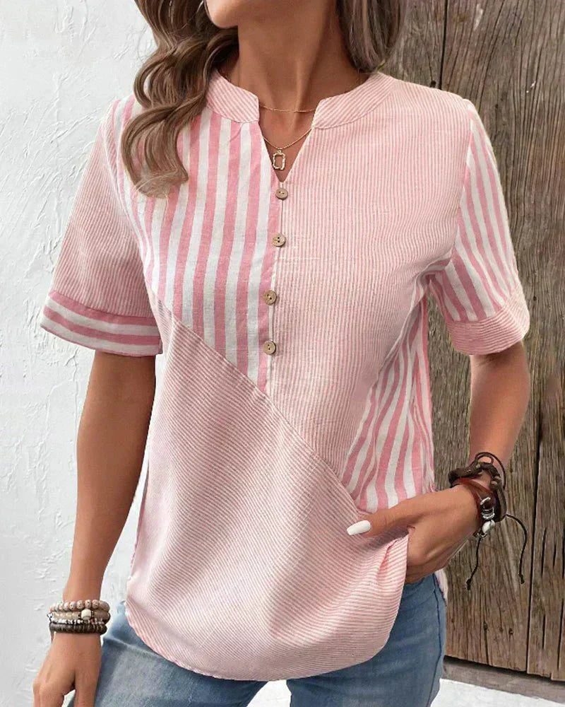 Women's Striped Blouse with Short Sleeves and Lightweight Fabric