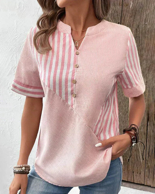 Women's Striped Blouse with Short Sleeves and Lightweight Fabric