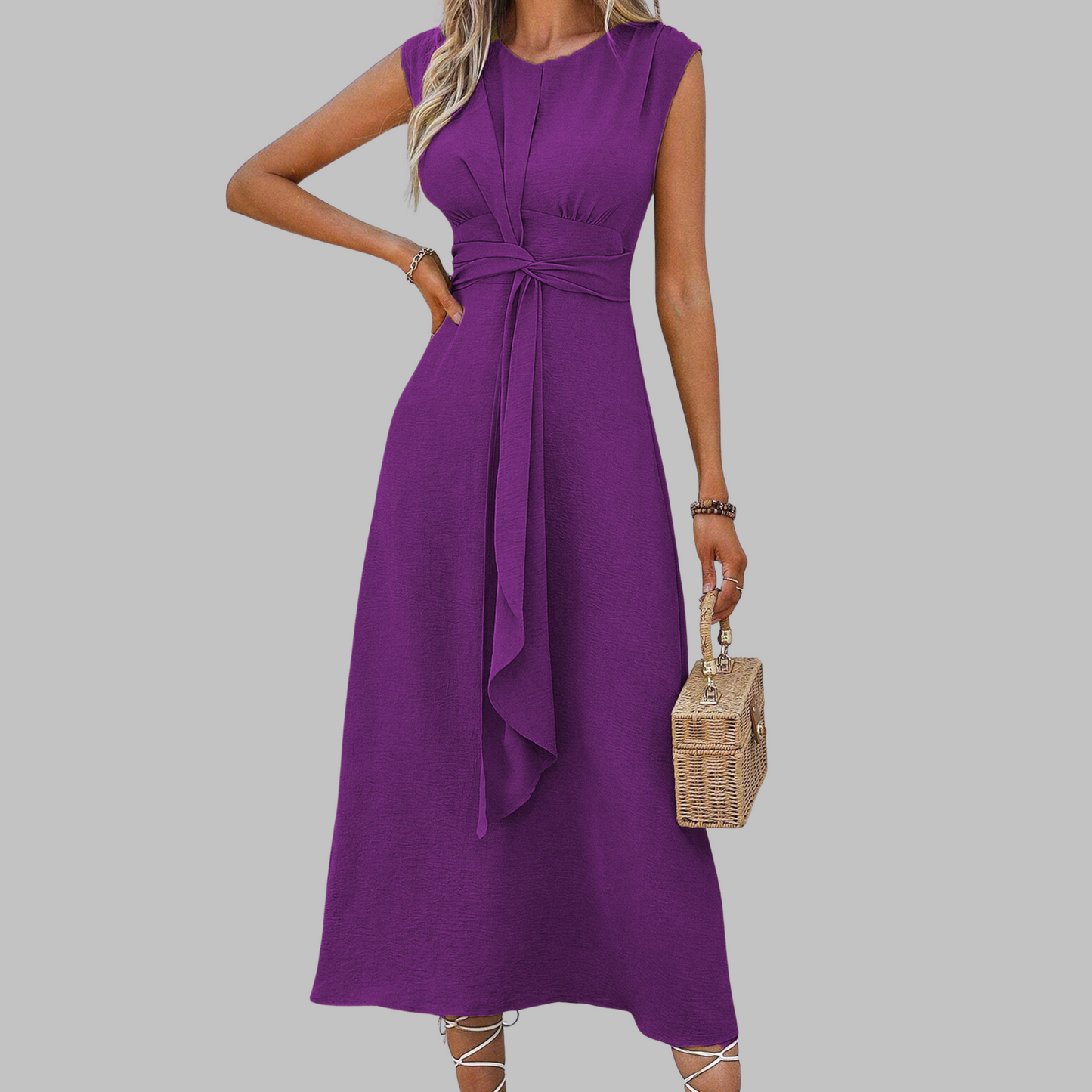 Women’s Solid Crepe Maxi Dress – Sleeveless Round Neck Timeless Elegant Dress