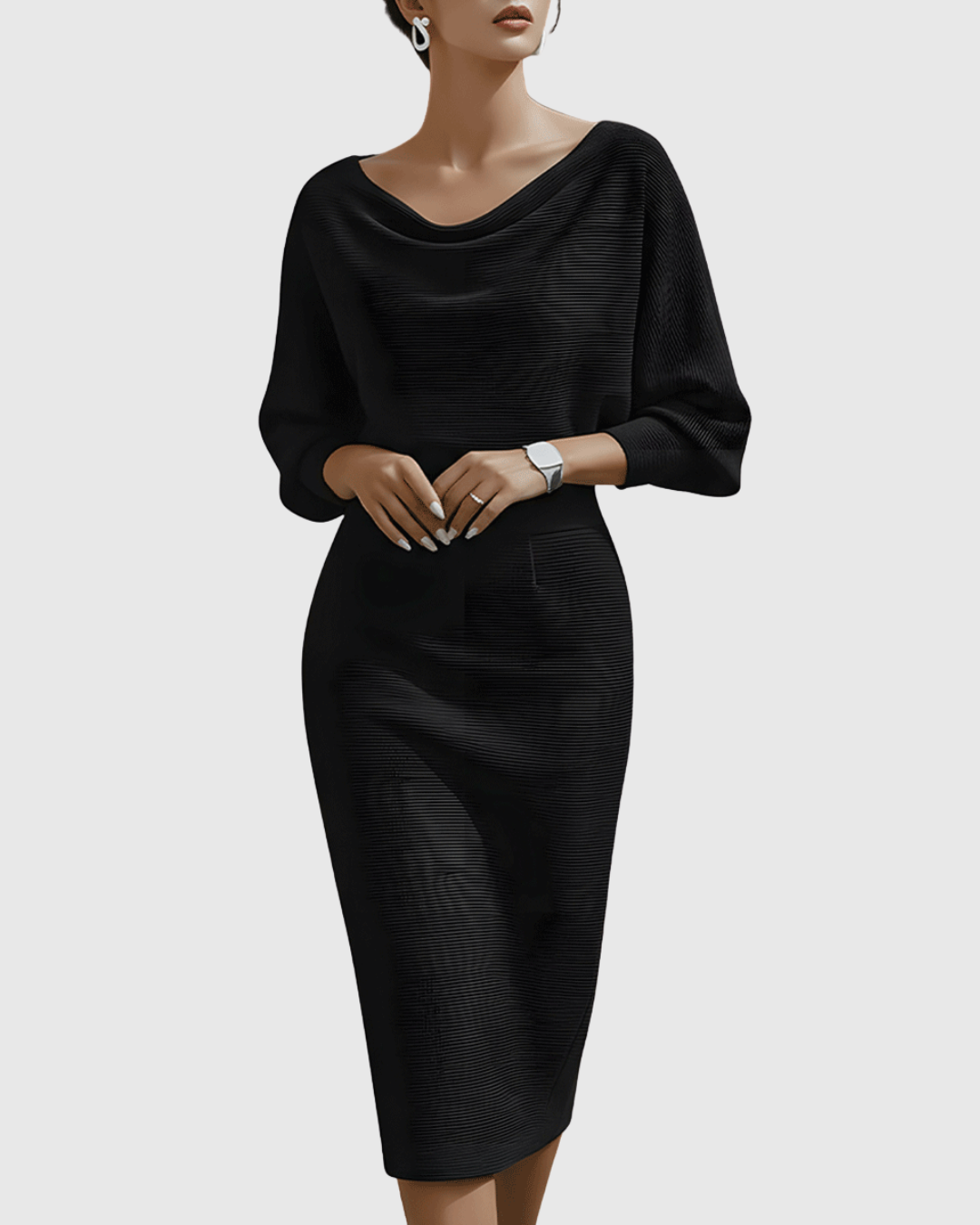 Women's Midi Dress with Cowl Neck and Batwing Sleeves