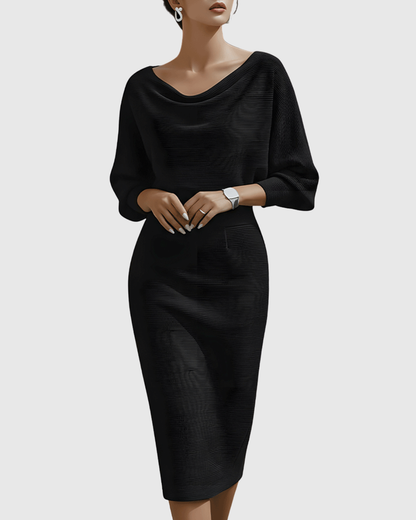 Women's Midi Dress with Cowl Neck and Batwing Sleeves