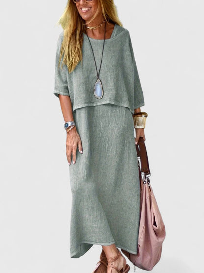 Women's Relaxed Linen Two-Piece Set: Layered Short-Sleeve Top and Sleeveless V-Neck Maxi Dress in Oatmeal Tone