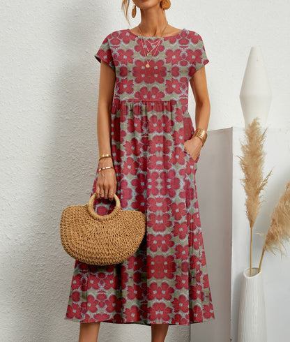 Women's Floral Dress with A-Line Silhouette and Short Sleeves