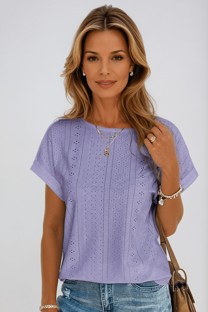 Women's Eyelet Embroidered Top with Crew Neck and Short Sleeves
