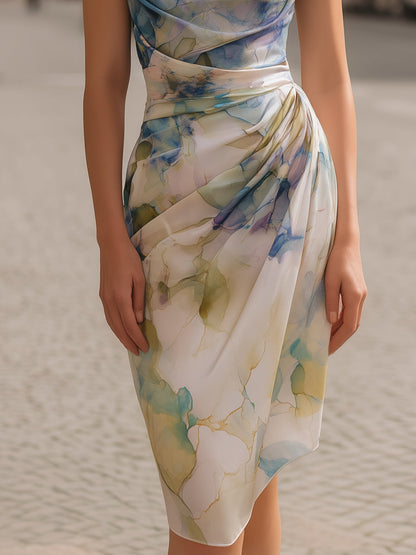 Samantha | Printed Draped Cowl-Neck Midi Dress
