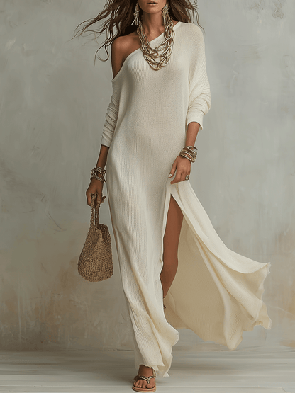 Women’s Ivory Knit Maxi Dress – Luxurious Off Shoulder Textured Drape Silhouette Dress