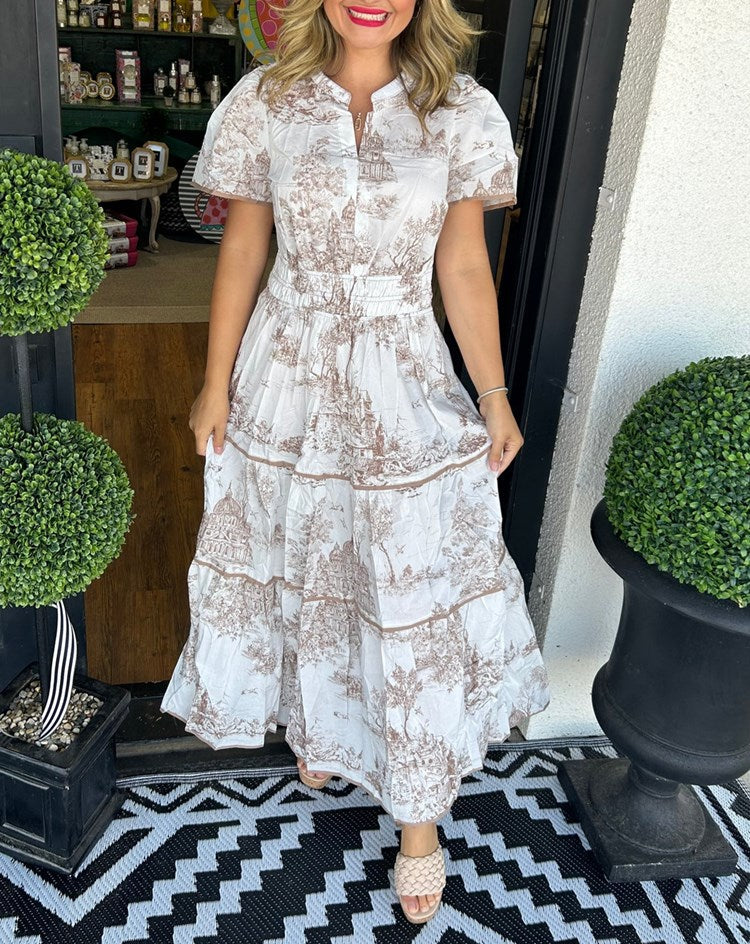 Romantic Driven Smocked Waist Evergreen Toile Print Tiered Floral Silhouette Maxi Dress