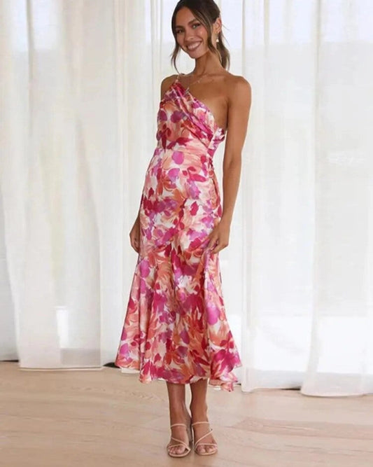 Women's Maxi Dress with Asymmetrical Cut and Floral Design