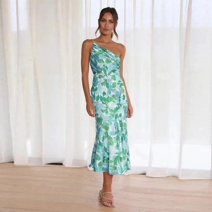 Luxurious Asymmetric Floral Print Satin With Featherweight Silhouette Midi Dress