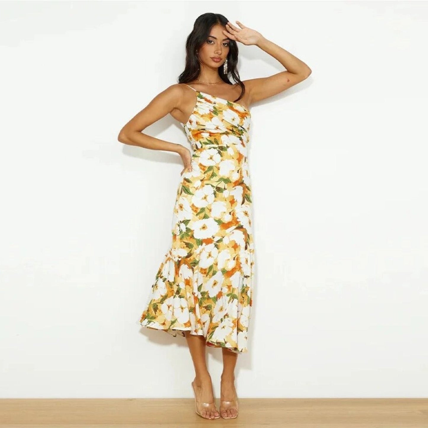 Women's Floral Asymmetric Midi Dress with Sleeveless Design and Flowing Hem