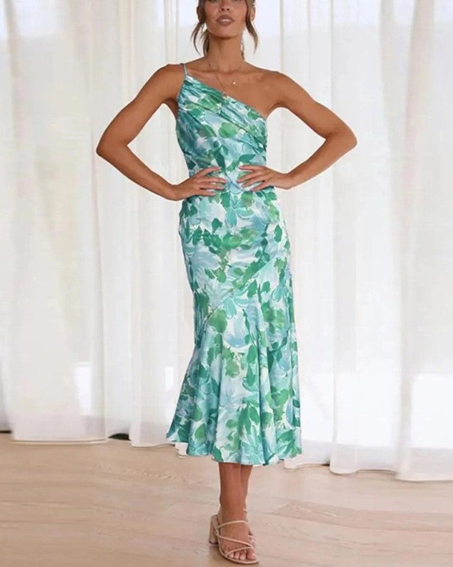 Luxurious Asymmetric Floral Print Satin With Featherweight Silhouette Midi Dress
