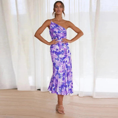 Glamorous One Shoulder Floral Pattern Exquisite Asymmetrical Detailing Maxi Dress