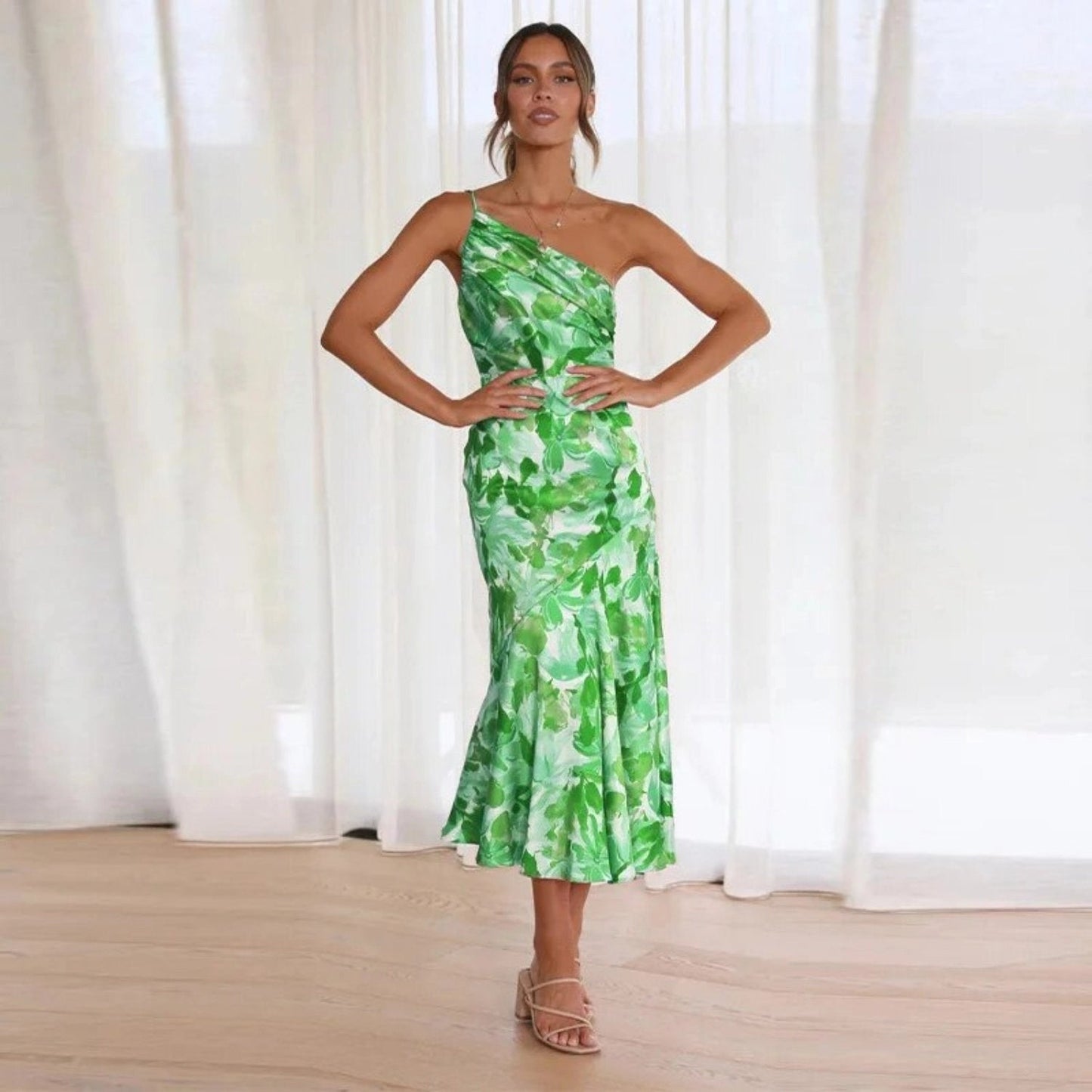 Women's Maxi Dress with Asymmetrical Cut and Floral Design