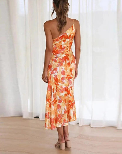 Women's Maxi Dress with Asymmetrical Cut and Floral Design