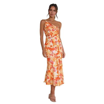 Glamorous One Shoulder Floral Pattern Exquisite Asymmetrical Detailing Maxi Dress