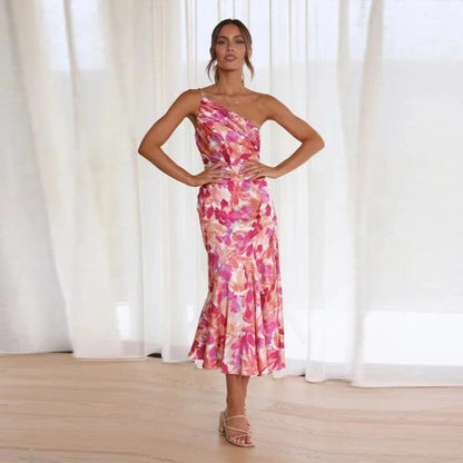Women's Maxi Dress with Asymmetrical Cut and Floral Design