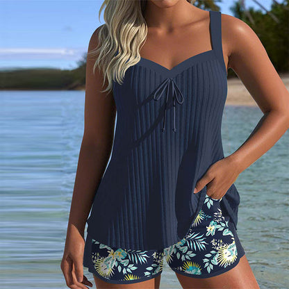 Women's Striped Tankini with Tummy Control and Adjustable Straps