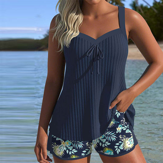 Women's Striped Tankini with Tummy Control and Adjustable Straps