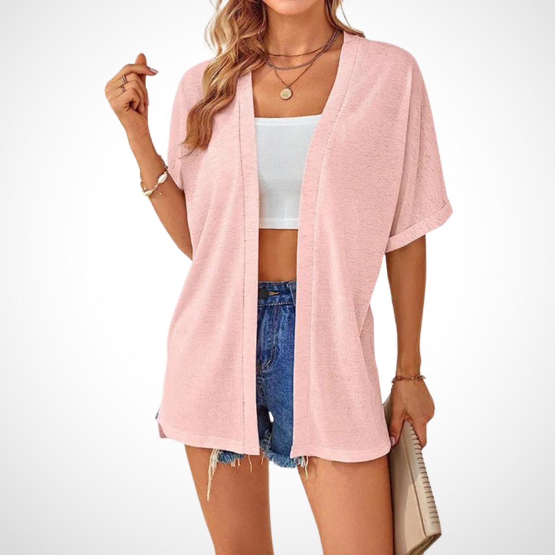 Women's Flowing Short Sleeve Cardigan with Open Front and Lightweight Design