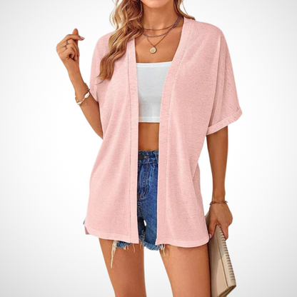 Women's Flowing Short Sleeve Cardigan with Open Front and Lightweight Design