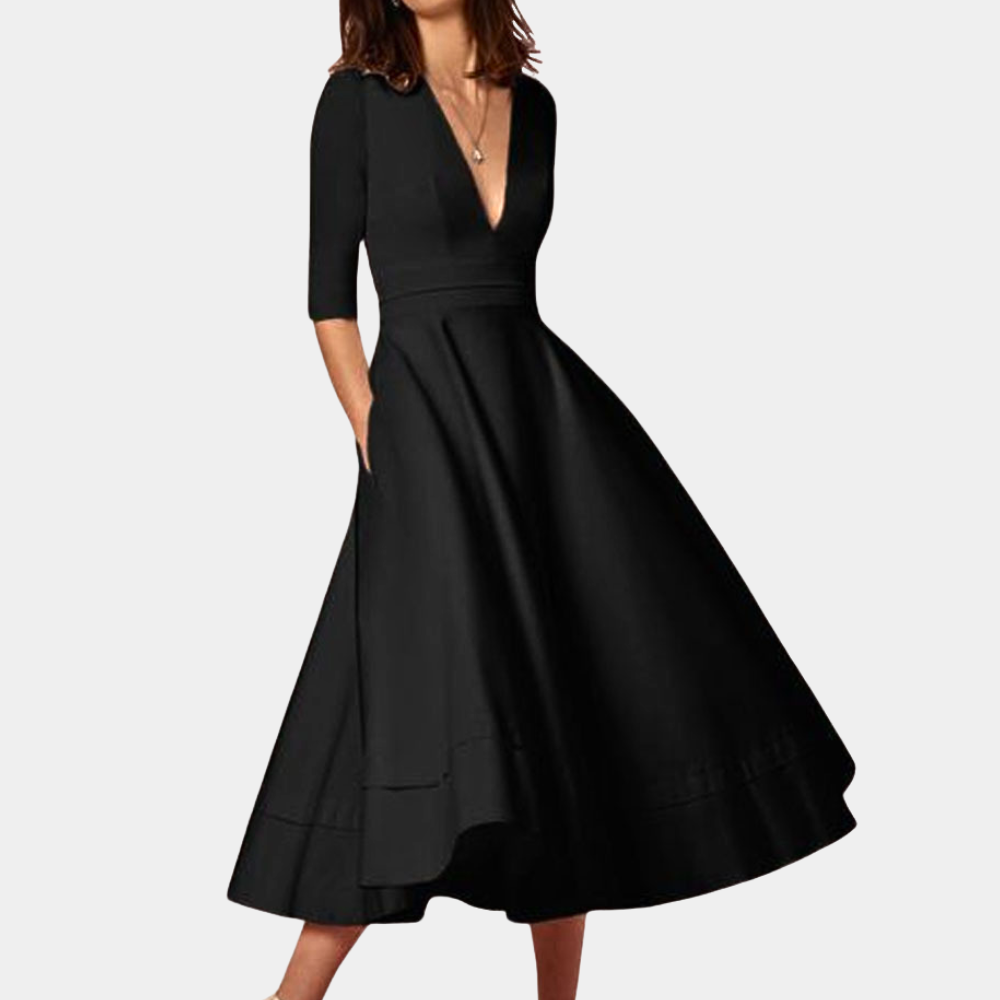 Women's A-Line Midi Dress with Side Slit and Sleeveless Design