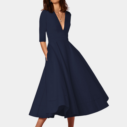 Women's A-Line Midi Dress with Side Slit and Sleeveless Design