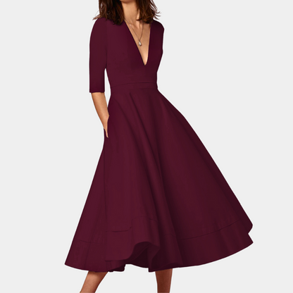 Women's A-Line Midi Dress with Side Slit and Sleeveless Design