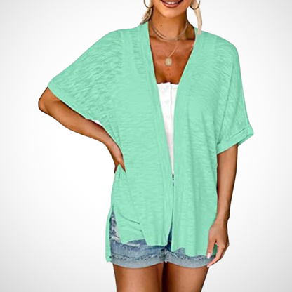 Women's Flowing Short Sleeve Cardigan with Open Front and Lightweight Design